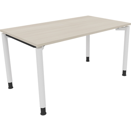 Hellbeige Schreibtisch mit vier weißen Rundrohrfüßen, abgerundeten Kanten und ohne Zubehör.