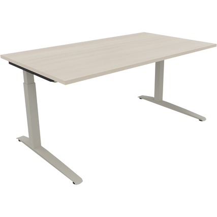 Schreibtisch in hellakaziefarben mit silberner Aluminiumbasis, rechteckige Form.