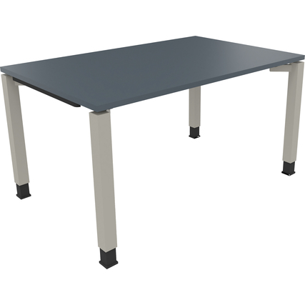 Schreibtisch mit lavagrauer Oberfläche und silberaluminiumsfarbigen Vierfußgestell.