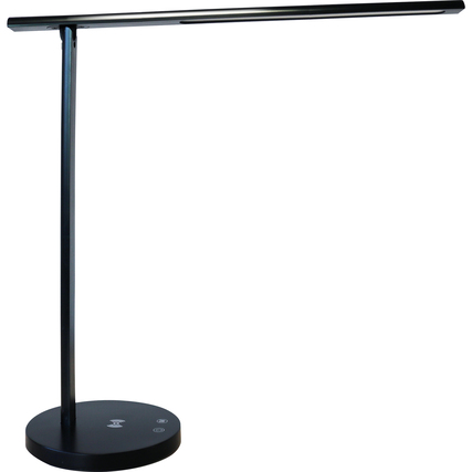 Schwarze Tischleuchte mit schlankem Design und taktilem Schalter am Fuß.