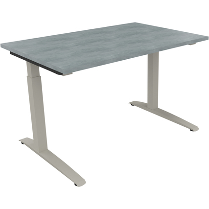 Schreibtisch mit einer hellen Betonoberfläche und silbernen Quadratrohren.