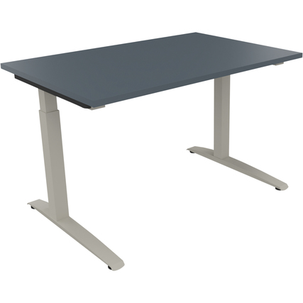 Schreibtisch in lavagrau mit silberaluminiumschen Füßen, Maßen 1200 x 650-850 x 800 mm.