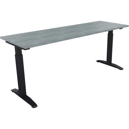 Schreibtisch mit betongrauem Tischblatt und schwarzem Gestell, flach und quadratisch.