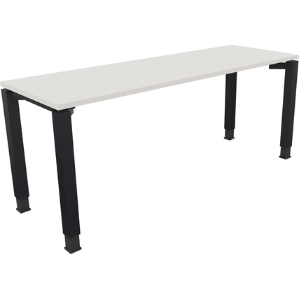 Schreibtisch mit diamantweißer Oberfläche und anthrazitmetallic Vierfußgestell.