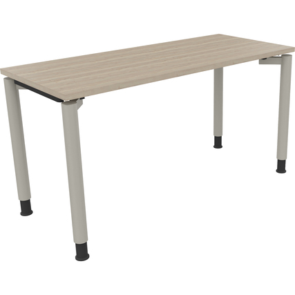 Schreibtisch in Eiche natur mit silberaluminium Vierfußgestell, rechteckig, verstellbare Höhe.