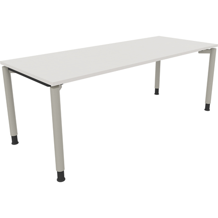 Schreibtisch mit rechteckiger Tischplatte in diamantweiß und vier silberaluminiumfarbene Beine.