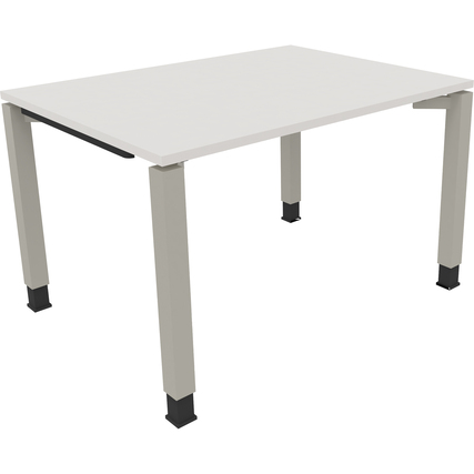 Schreibtisch mit quadratischen Rohrbeinen in diamantweiß und silberaluminium, seitliche Ansicht.