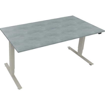 Schreibtisch in hellgrauer Betonoptik mit silberner Aluminiumfüße, rechteckig, höhenverstellbar.