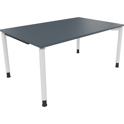 Schreibtisch mit lavagrauem Tischplatten und weißen runden Vierfüßen, Vorderansicht.
