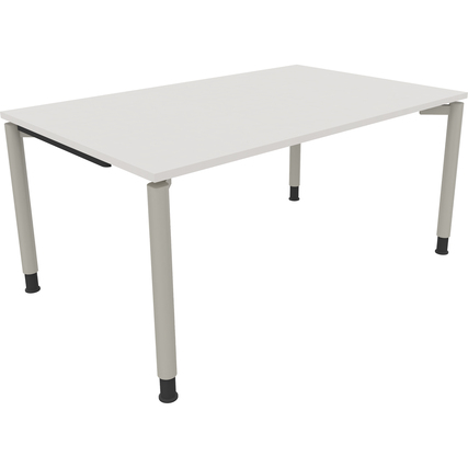 Schreibtisch mit Vierfuß-Gestell, diamantweiß und silberaluminium, gesehen von der Seitenansicht.