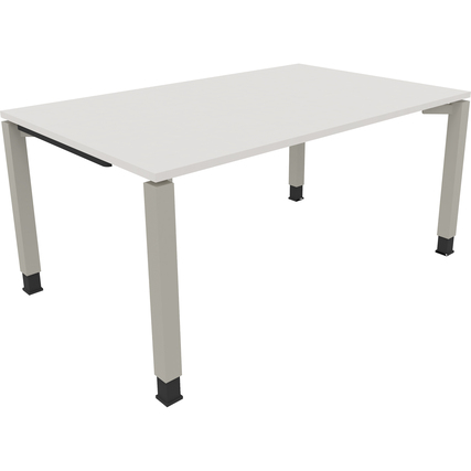Schreibtisch mit quadratischen Füßen in diamantweiß und silberaluminium, seitliche Sicht.