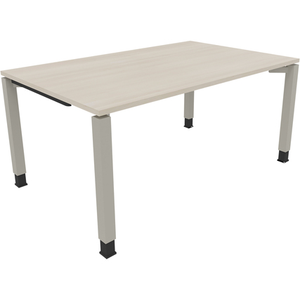 Schreibtisch mit hellen Akazienoberfläche und silbernen Aluminiumfüßen, quadratisch.