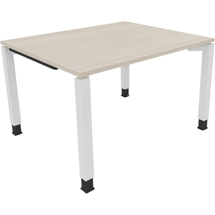 Schreibtisch mit quadratischer Oberfläche aus hellen Akazienholz und weißen Vierfußgestell.