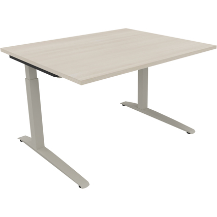 Schreibtisch mit hellen Akazienholzoberfläche und silberaluminiumfarbigem Gestell.