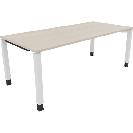 Schreibtisch in hellakazienfarbener Tischplatte mit weißen Vierfußgestell aus Quadratrohr.
