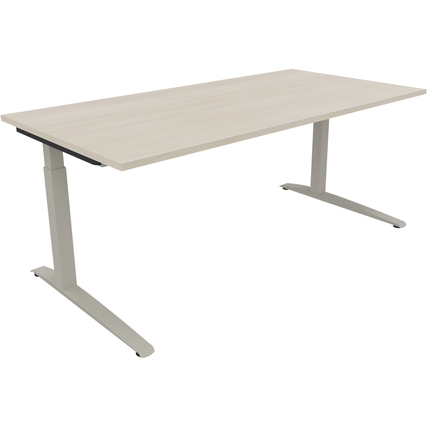 Hellbrauner Schreibtisch mit silbernem Aluminiumgestell und flachem Fuß.