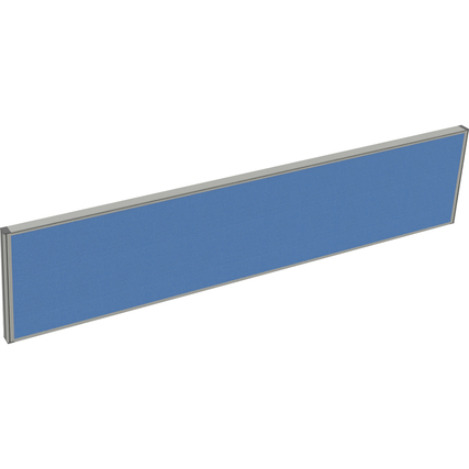Blaue Tischtrennwand mit Metallrahmen, dargestellt in frontalem Blick.