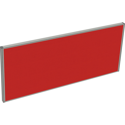 Rote Tischtrennwand mit Aluminiumrahmen, Ansicht von der Seite.