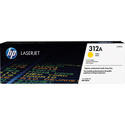 Gelbe HP Tonerkartusche 312A in schwarzer Verpackung mit weißem Text.
