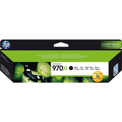 Schwarze HP Tintenpatrone 970XL in Verpackung mit buntem Schmetterling auf Blattmotiv.