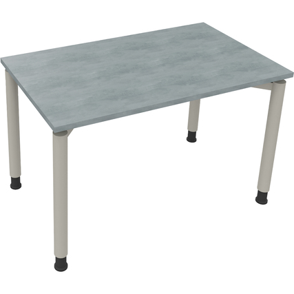 Schreibtisch mit hellgrauem Oberflächenfinish und silberfarbenen Rahmenbeinen.