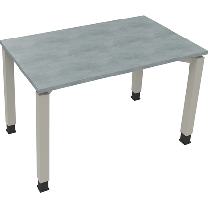 Schreibtisch mit quadratischen Rohren, hellen Betonoptik und silbernen Aluminiumfüßen.