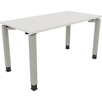 Schreibtisch mit rechteckiger Oberfläche in diamantweiß und silberaluminiumfarbigen Vierfußgestell.