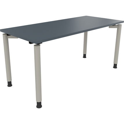 Schreibtisch mit lavagrauem Tischblatt und silberaluminiumfarbigen Rundrohren als Beine.