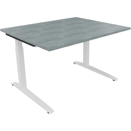 Schreibtisch mit rechteckiger Platte aus hellem Beton und weißen quadratischen Füßen.