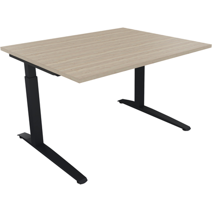 Schreibtisch mit quadratischen Rohren, Eichenoberfläche und anthrazitfarbener Metallbasis.