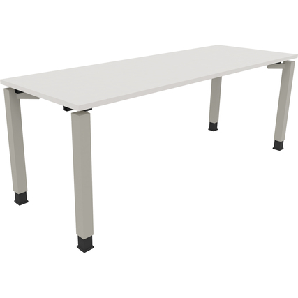 Schreibtisch in diamantweiß mit vier silberaluminiumfarbigen Quadratrohren.