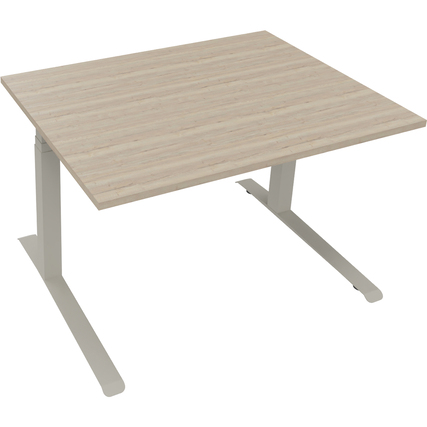 Ein all-in-one Schreibtisch mit natural Eichenoberfläche und silbernem Aluminiumgestell.