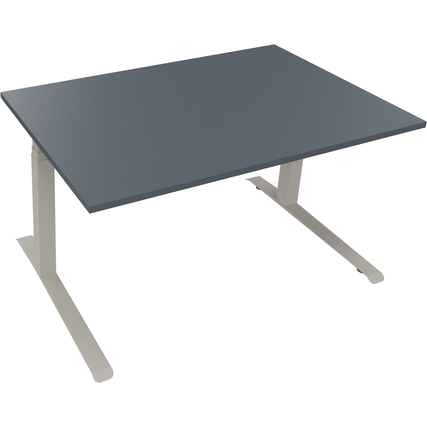 Schreibtisch in lavagrau mit verstellbaren Beinen, Maße 1400 x 645-1275 x 900 mm.