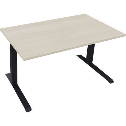 Schreibtisch mit hellen Akazien-Oberfläche und schwarzen Metallbeinen, in seitlicher Ansicht.