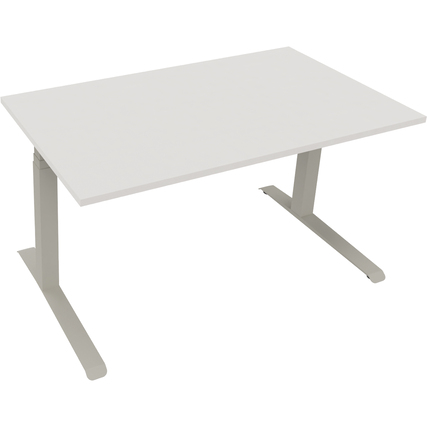 Schreibtisch in diamantweiß mit silberaluminium Gestell, rechteckige Form und höhenverstellbar.