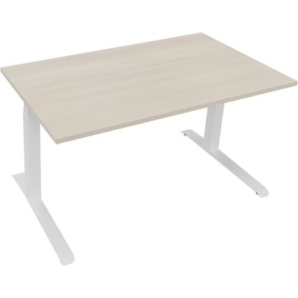 Heller Schreibtisch mit verstellbarer Höhe in akaziefarbenem Holz und weißen Metallfüßen.