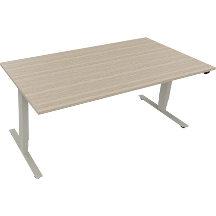 Schreibtisch aus Eiche natur mit silberaluminiumfarbener Gestell, rechteckige Form.