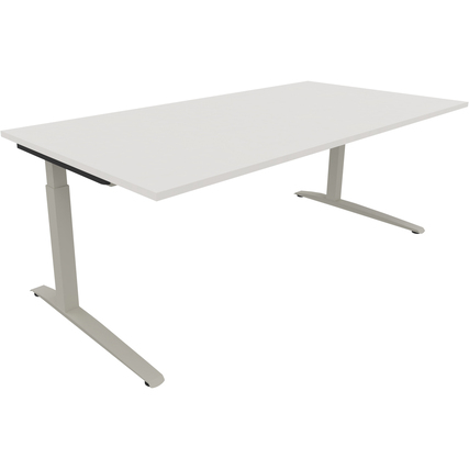 Schreibtisch mit rechteckiger Oberfläche in diamantweiß und silberaluminierten Beinen.