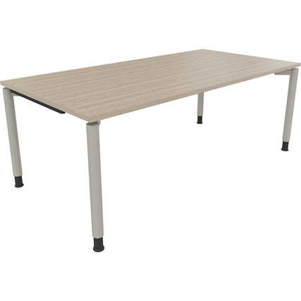 Schreibtisch mit runder Vierfußkonstruktion in Eiche natur und silberaluminierten Beinen.