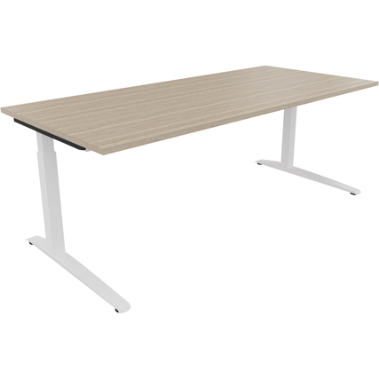 Schreibtisch in Eichenholzoptik mit weißem Gestell, Maße 2000 x 650-850 x 900 mm.