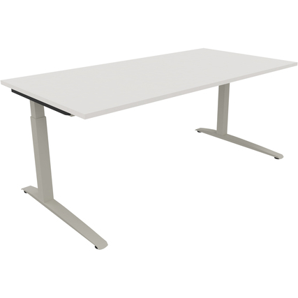 Schreibtisch mit quadratischem Rohrgestell in diamantweiß und silberaluminium, Ansicht von vorne.