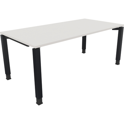 Schreibtisch mit vierfußigem Rahmen, weißer Oberfläche und anthrazitmetallic Beinen.