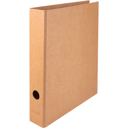 Brauner Ordner aus veredelter Buchbinderpappe im DIN A4 Format mit 50 mm Rückenbreite.