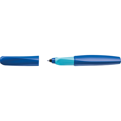 Blauer Tintenroller mit gedrehter Form und abnehmbarer Kappe.