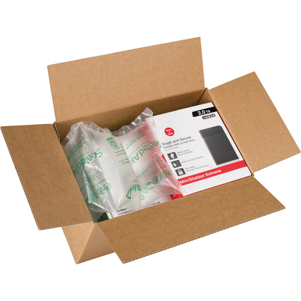 Luftpolsterkissen in einer offenen Kartonbox mit Produktinformationen und Dekoration.