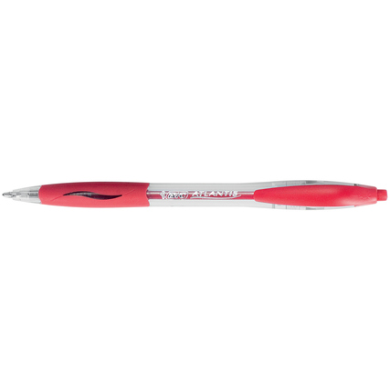 Roter Kugelschreiber mit transparentem Schaft und ergonomischem Griff.