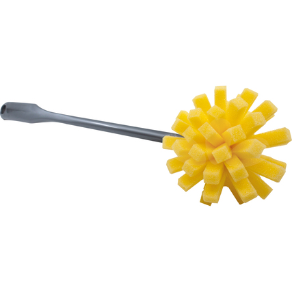 Flaschenbürste mit gelbem Schwammkopf und langem, grauem Griff.