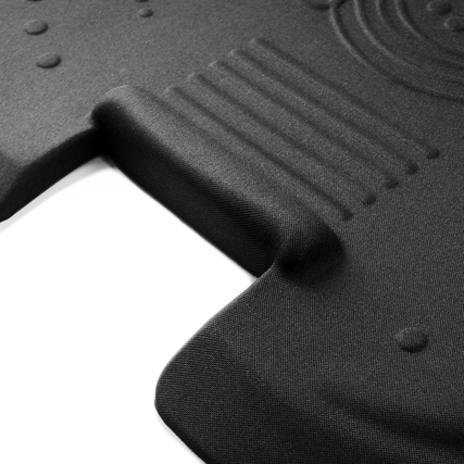 Schwarze Anti-Ermüdungsmatte mit strukturierten Oberflächen und ergonomischem Design.