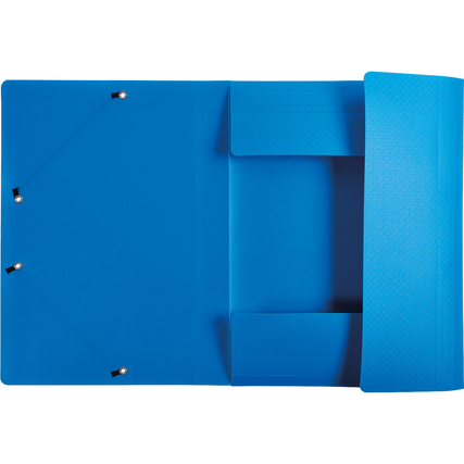 Blick auf die offene, schmutzabweisende blaue Sammelmappe mit Eckspannern.