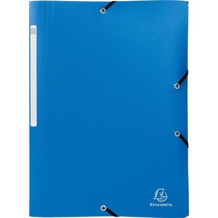 Blickdichte Sammelmappe in Blau mit Gummizügen und einem seitlichen Beschriftungsfeld.